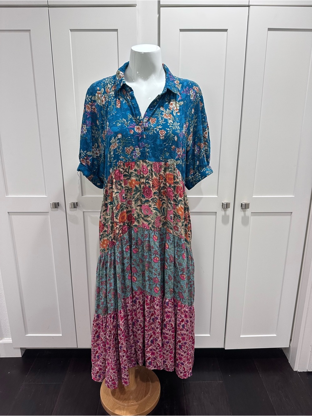 Natural Life Rebecca Midi Dress Blue Patchwork Floral Collared Boho Cottagecore - Picture 2 of 6